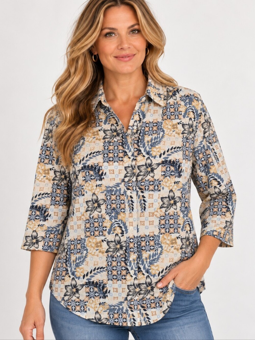 Christopher & Banks Floral Patchwork Button Front Cotton Shirt Women’s L Blue